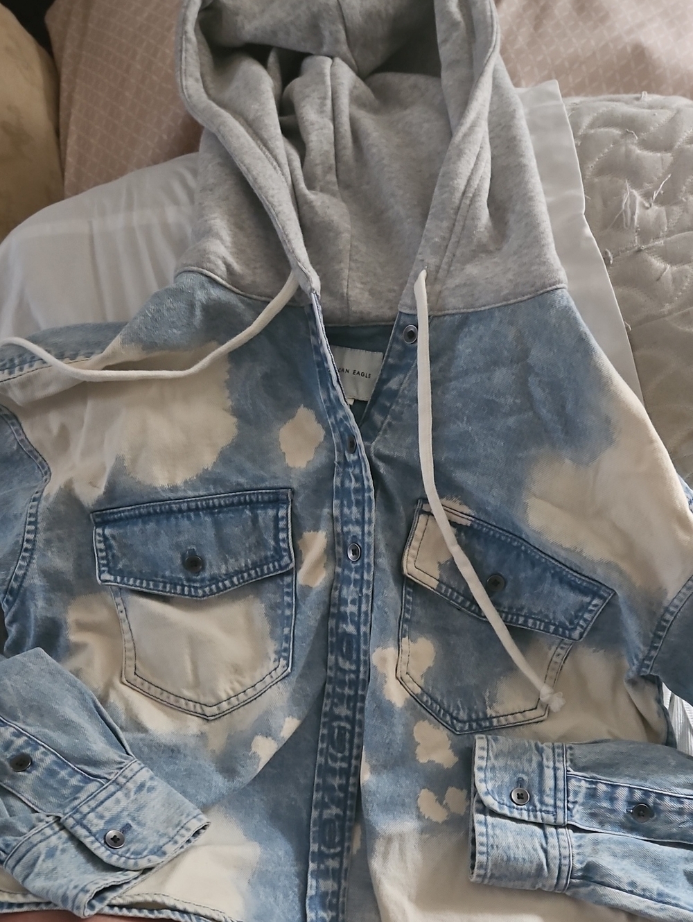 New American Eagle Light Blue & Gray Hooded Denim Jacket Bleached Style